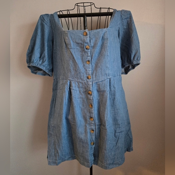 Old Navy Blue Denim Chambray Puff Sleeve Button Front Square Neck Mini Dress - Picture 2 of 7